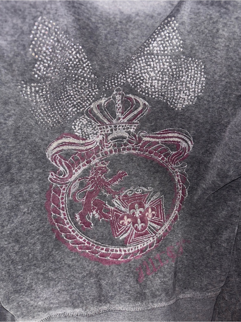 Juicy Couture Grey Velour Rhinestone Gothic Logo Zip-Up Hoodie Size s - Picture 2 of 3